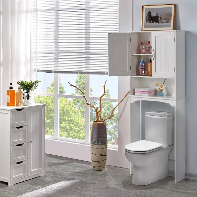 Over-the-Toilet Bathroom Storage Organizer with Cabinet & Open Shelves – Space-Saving, 22.6"W
