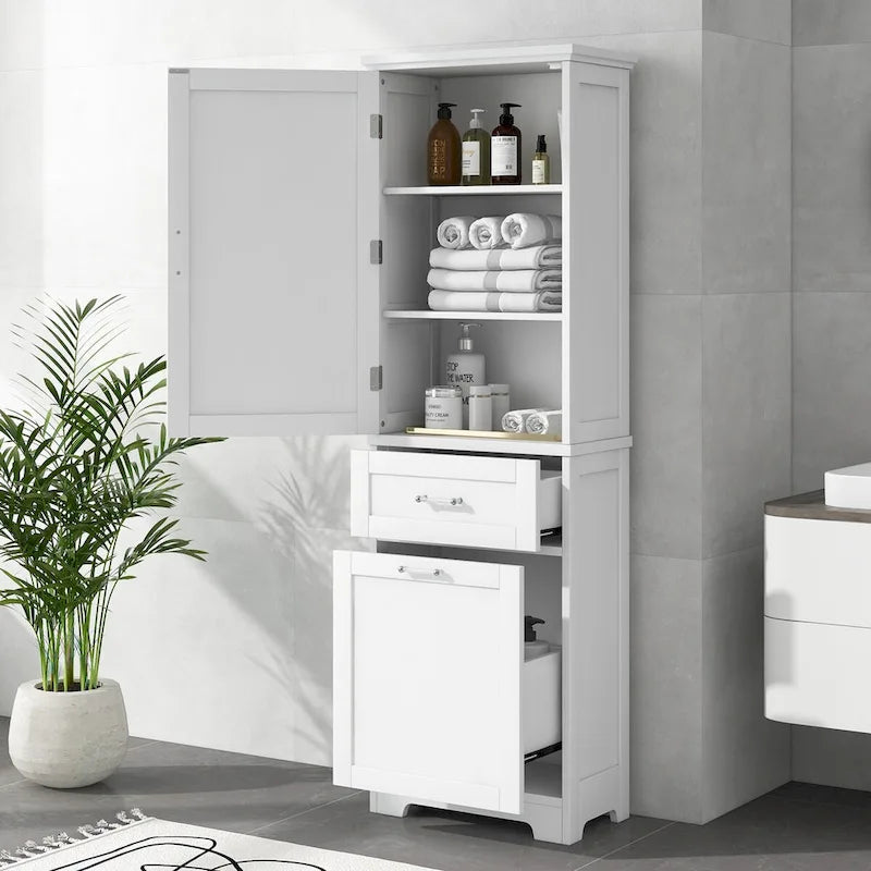 Tall Linen Storage Cabinet with 2 Drawers and Adjustable Shelf – 20"W x 13"D x 68"H, Waterproof MDF