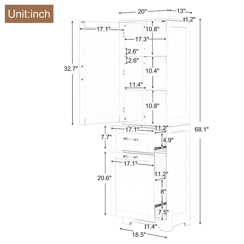 Tall Linen Storage Cabinet with 2 Drawers and Adjustable Shelf – 20"W x 13"D x 68"H, Waterproof MDF