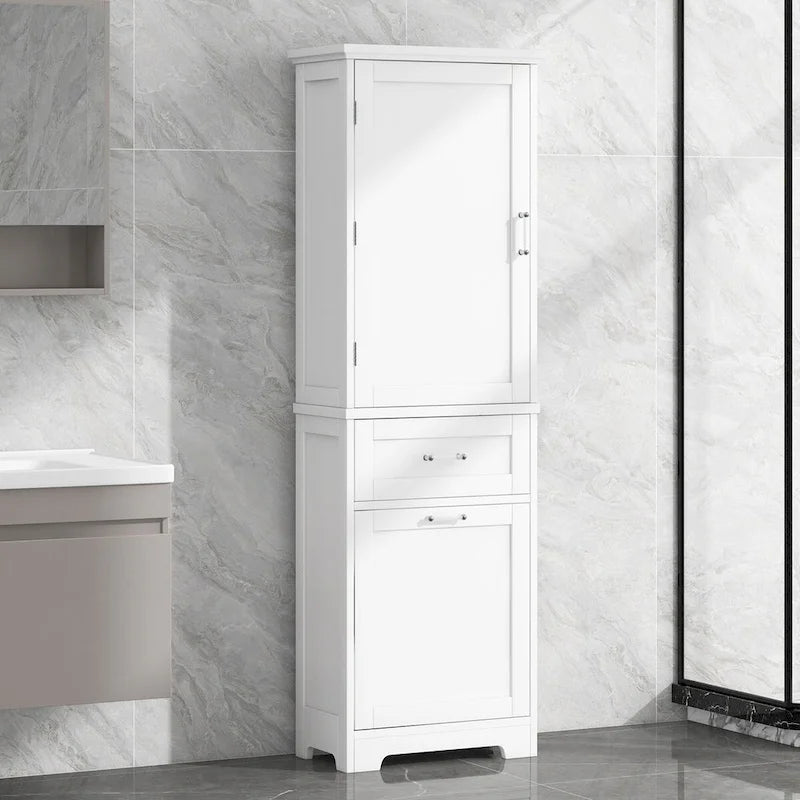 Tall Linen Storage Cabinet with 2 Drawers and Adjustable Shelf – 20"W x 13"D x 68"H, Waterproof MDF