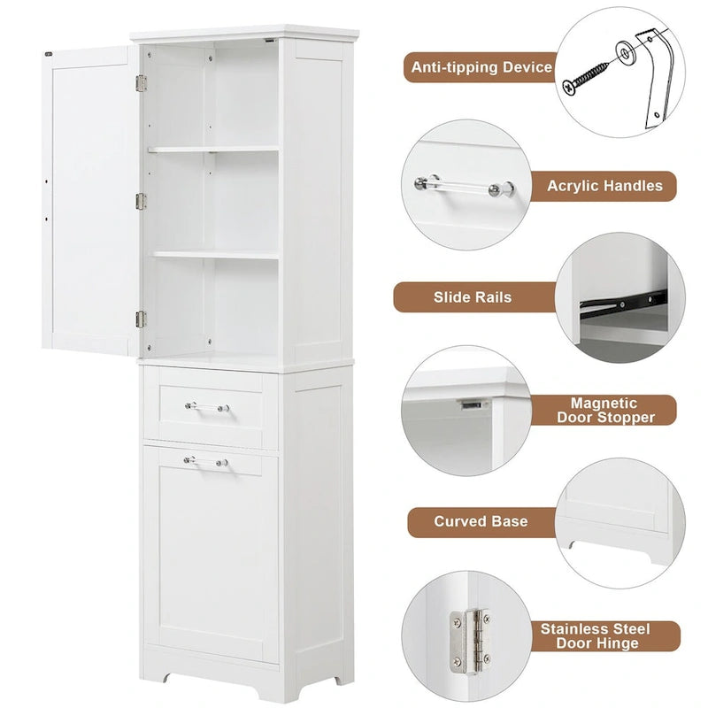 Tall Linen Storage Cabinet with 2 Drawers and Adjustable Shelf – 20"W x 13"D x 68"H, Waterproof MDF