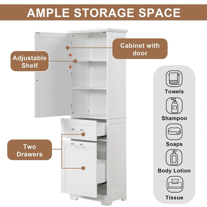 Tall Linen Storage Cabinet with 2 Drawers and Adjustable Shelf – 20"W x 13"D x 68"H, Waterproof MDF