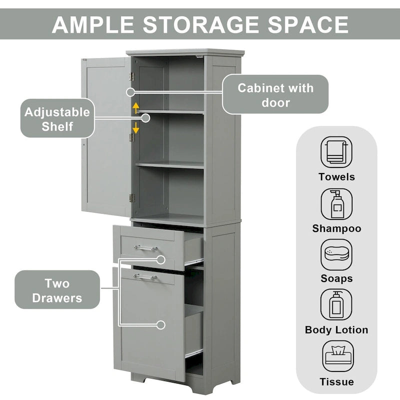 Tall Linen Storage Cabinet with 2 Drawers and Adjustable Shelf – 20"W x 13"D x 68"H, Waterproof MDF