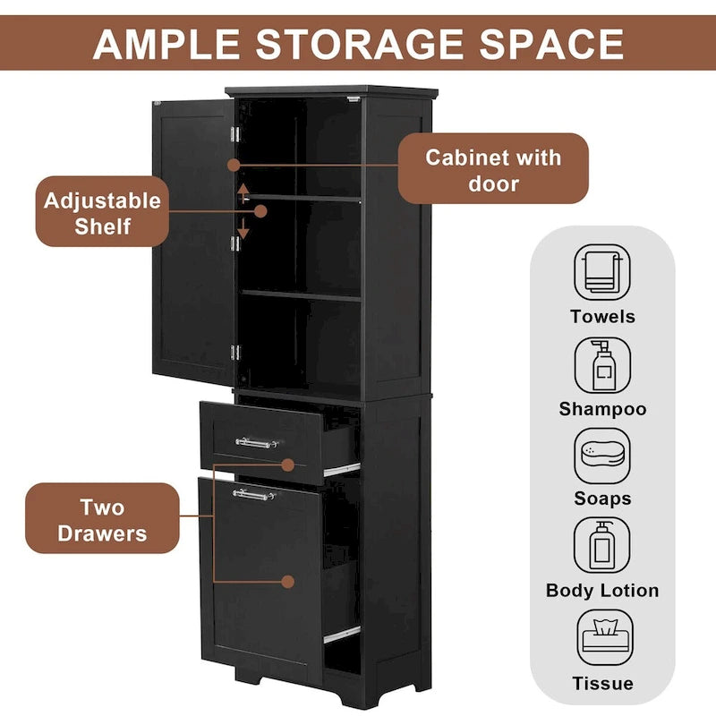 Tall Linen Storage Cabinet with 2 Drawers and Adjustable Shelf – 20"W x 13"D x 68"H, Waterproof MDF