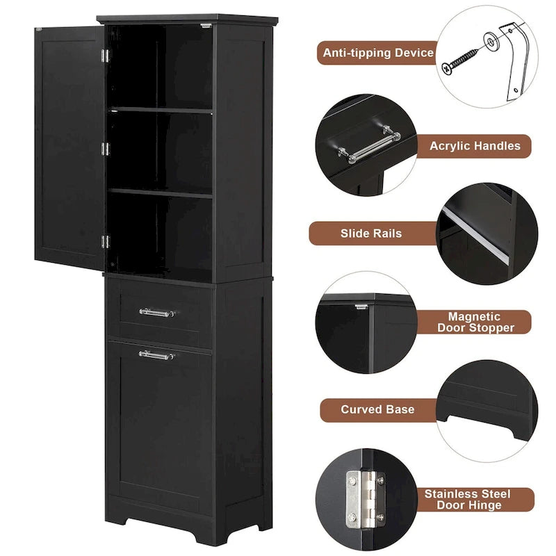 Tall Linen Storage Cabinet with 2 Drawers and Adjustable Shelf – 20"W x 13"D x 68"H, Waterproof MDF