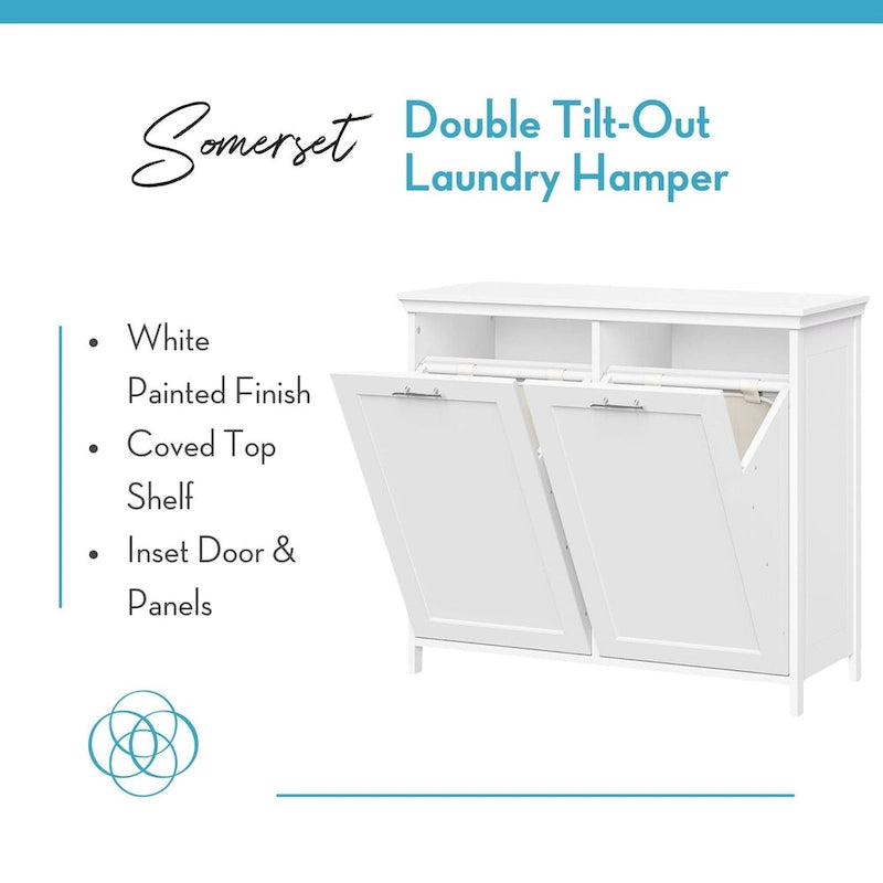Double Tilt-Out Laundry Hamper Cabinet with Removable Cloth Bags – White, 2-Compartment Laundry Sorter