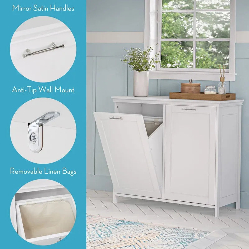 Double Tilt-Out Laundry Hamper Cabinet with Removable Cloth Bags – White, 2-Compartment Laundry Sorter