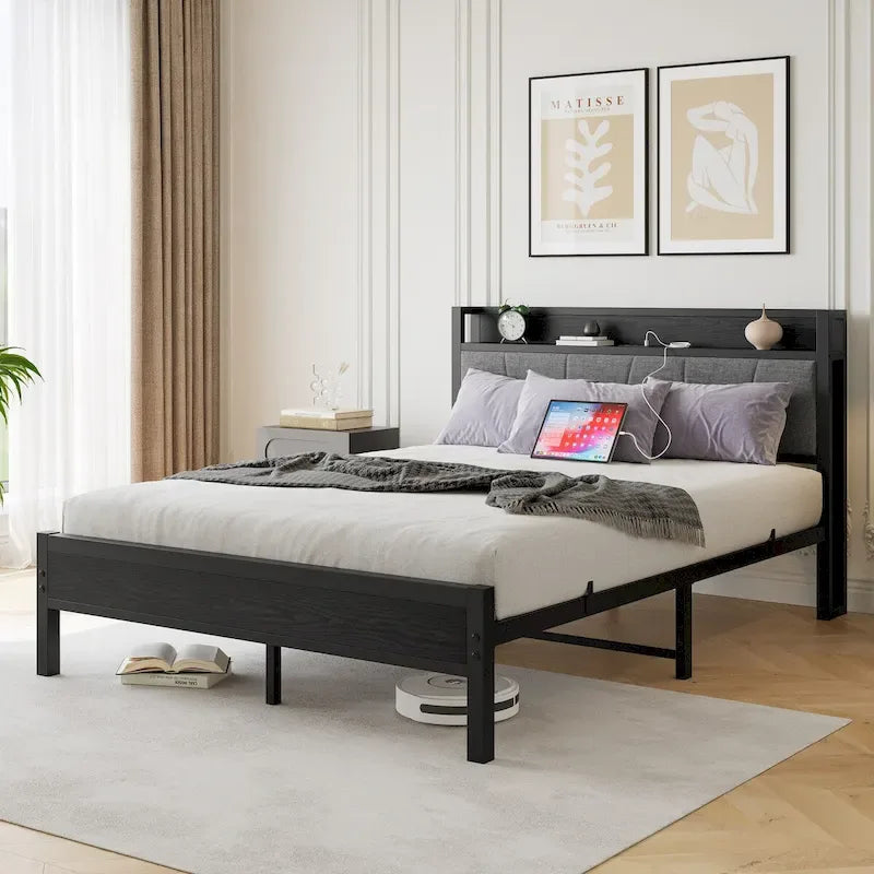 Queen Platform Bed Frame with Storage Headboard, Charging Station & USB Ports – No Box Spring Needed