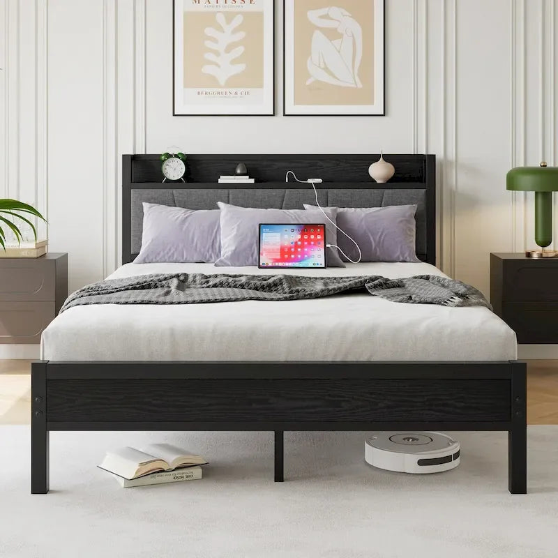 Queen Platform Bed Frame with Storage Headboard, Charging Station & USB Ports – No Box Spring Needed