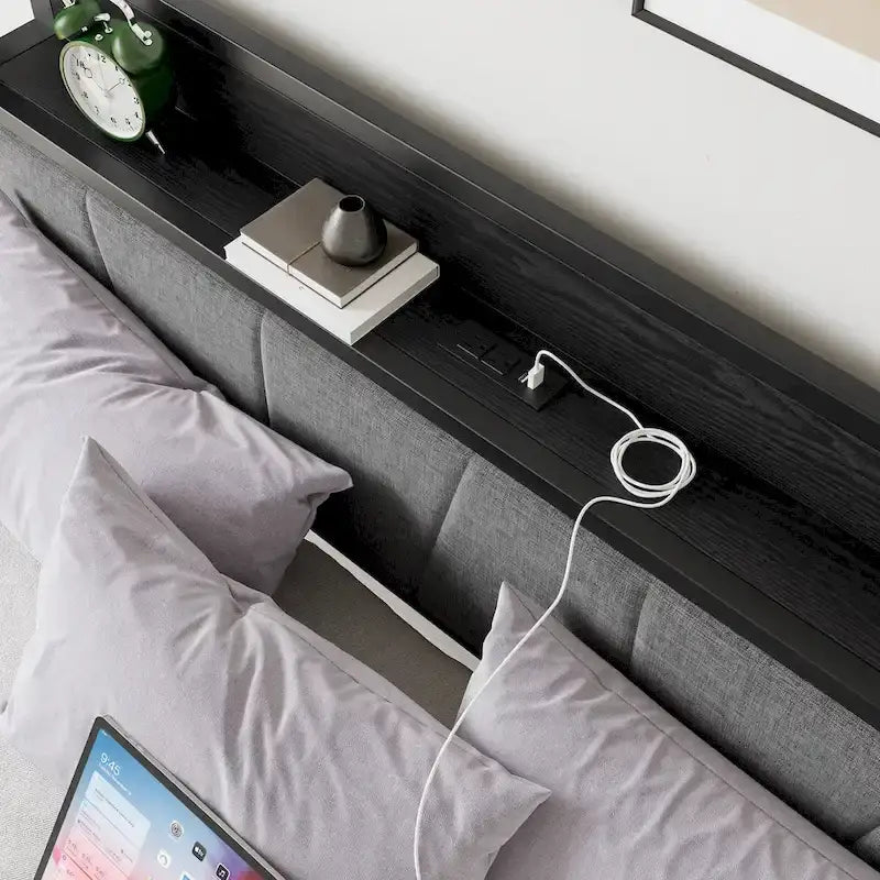 Queen Platform Bed Frame with Storage Headboard, Charging Station & USB Ports – No Box Spring Needed