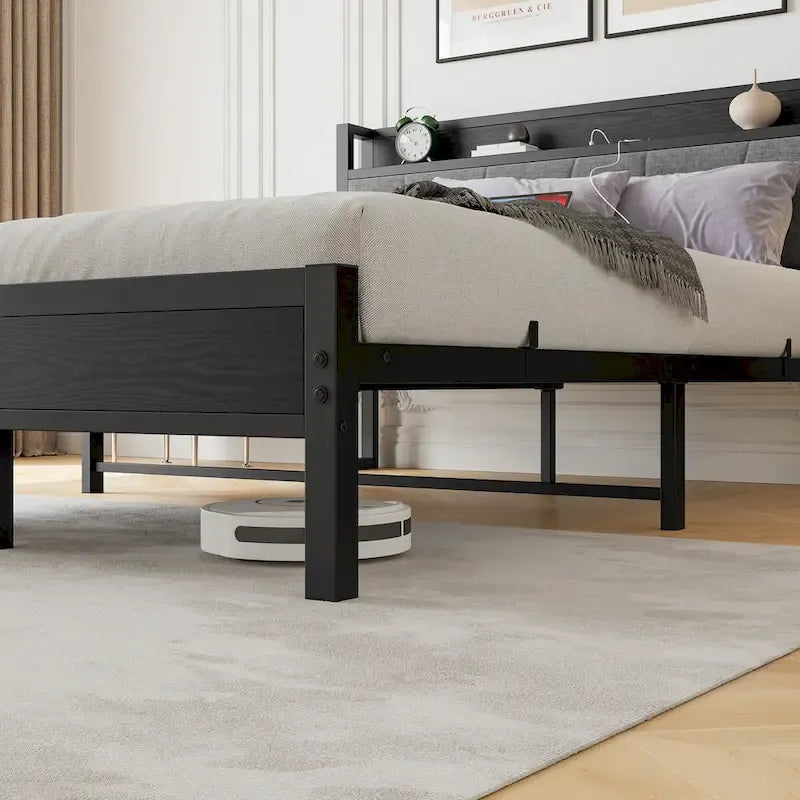 Queen Platform Bed Frame with Storage Headboard, Charging Station & USB Ports – No Box Spring Needed