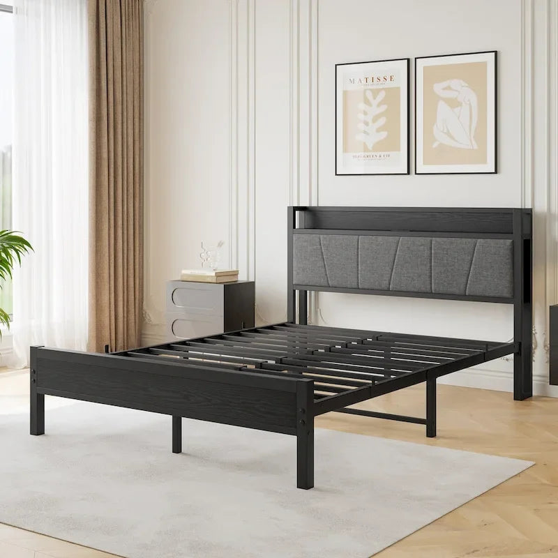 Queen Platform Bed Frame with Storage Headboard, Charging Station & USB Ports – No Box Spring Needed