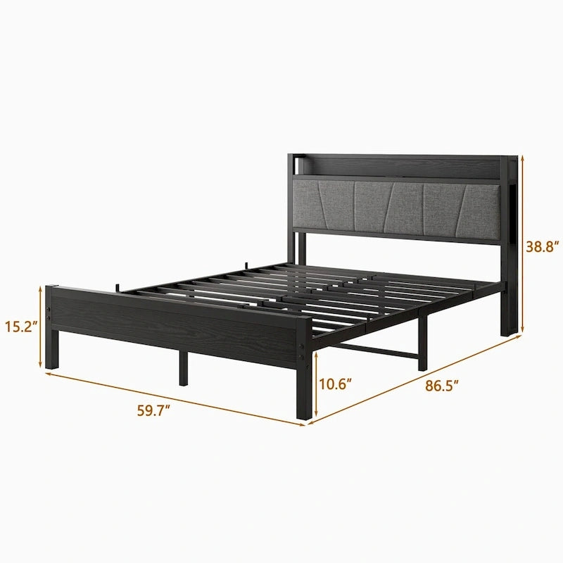 Queen Platform Bed Frame with Storage Headboard, Charging Station & USB Ports – No Box Spring Needed