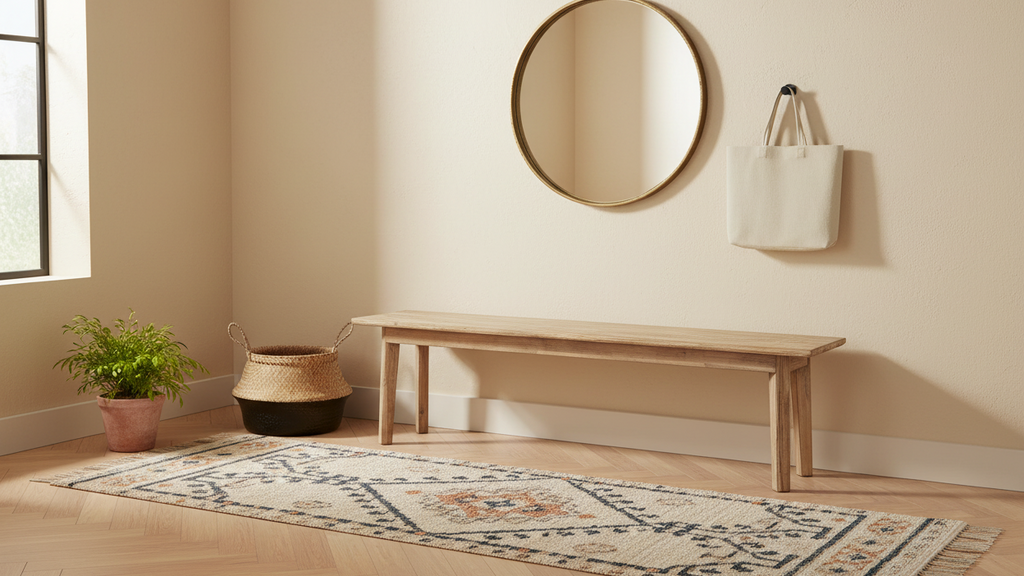 Farmhouse solid wood bench styled in a warm entryway